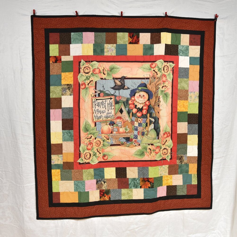 New handmade large throw quilt, Fall Scarecrow, patchwork, 55" x 59"